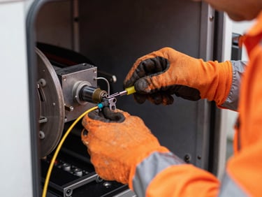Close-up of a technician's hands in high-visibility gloves performing fiber optic splicing inside a mobile splicing rig, focused task lighting, deep charcoal and high-visibility amber/orange tones, sharp focus, 35mm, industrial utility photography.