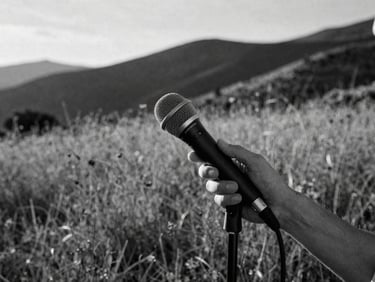 Stark documentary photography close-up of hands holding a professional field microphone near dry mountain grass, soft atmospheric dusk light, 35mm film grain