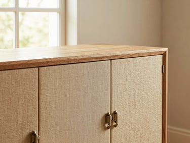 Warm editorial interior photography of a closed storage wine sideboard credenza, styled in a dining corner with natural morning light, highlighting the soft-close cabinet hinges and warm textile tones, shallow depth of field, 35mm.