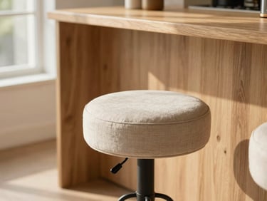 Warm editorial interior photography of a 360 swivel fabric counter stool, styled at a breakfast bar with natural morning light, highlighting the swivel mechanism and soft textile texture, shallow depth of field, 35mm.