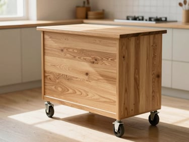 Warm editorial interior photography of a mobile kitchen prep cart island with heavy-duty casters, styled in a tidy kitchen with natural morning light, highlighting the casters and natural oak finish, shallow depth of field, 35mm.
