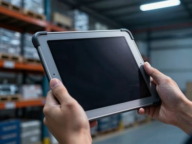 Macro close-up of hands holding a rugged Android tablet in a warehouse, cool blue studio lighting, industrial setting