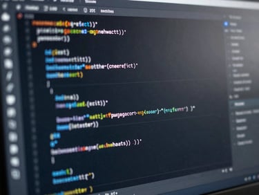 Close-up of a clean code structure on a dark IDE screen, blue and silver reflections on the glass