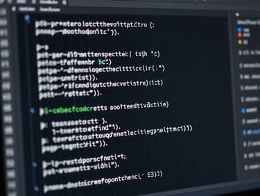 Clean monospaced code structures displayed on a dark IDE screen, cool-toned silver and blue reflections, sharp grid lines, technical blueprint style.