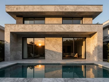 Modern luxury residential villa facade, clean geometric concrete plates, private pool reflecting sunset, warm editorial style.
