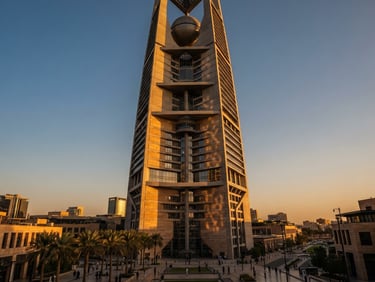 Wide-angle architectural photography of a premium commercial tower in Riyadh, sharp geometric concrete lines, deep shadows cast by warm golden-hour sunlight, rich travertine textures.