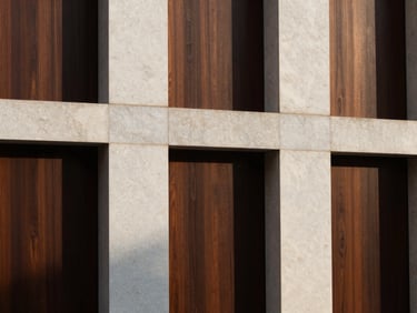 Abstract architectural detail of premium building materials, rich dark wood panels meeting white travertine stone, deep dramatic shadows.