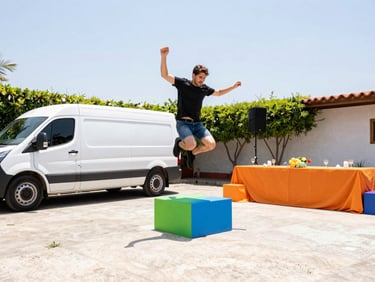 An Enjoy Jumping delivery van parked next to a neat, fully set up party area in Ecatepec, bright sunny day.