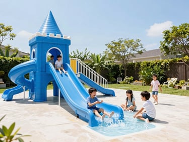 Sunny backyard setup of a blue castle with a small water slide, children laughing, bright daylight.