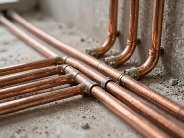 Macro shot of organized copper piping layout and neat electrical conduits inside a Riyadh villa under construction, bright natural light.