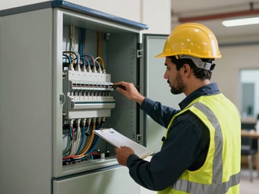 Professional engineer inspecting a modern electrical panel with safe wiring in a renovated Riyadh building, high-visibility work lighting.