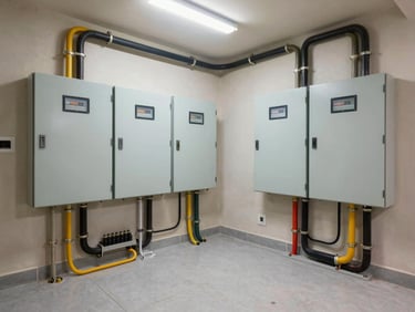 A wide shot of a clean, newly restored mechanical room in a Riyadh villa, featuring organized electrical panels and insulated water lines, bright professional lighting, representing high-standard engineering.