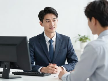 Professional agent assisting a client at a desk, bright office setting, crisp corporate photography