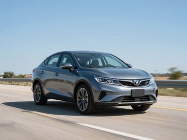 Modern car driving on a clean Texas highway, bright daylight, blue sky, sharp focus