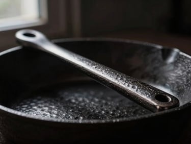 Low-key macro shot of a heavy hammered iron skillet handle, deep shadows, dramatic window light highlighting the raw metallic texture.
