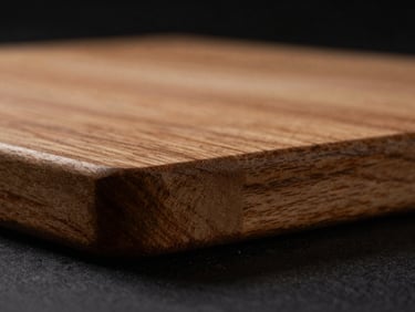 Extreme close-up of a thick unlacquered oak cutting board edge, showing deep wood grain, dark moody background, high-contrast side lighting.