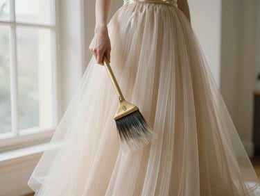 Sweeping shot of heavy champagne gold silk and tulle in motion, editorial fashion framing