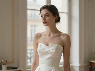 Elegant high-fashion bridal portrait, soft diffused natural light, Parisian atelier mood