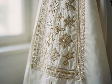 Close-up of intricate hand-embroidery zardozi beadwork on ivory silk, soft studio lighting