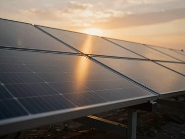 Close-up architectural photography of high-efficiency monocrystalline solar panels, sharp metallic frames, dramatic twilight lighting with golden amber reflections, professional engineering aesthetic