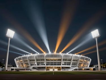 High-performance sports stadium illuminated at night by high-output LED floodlights, crisp white and amber beams cutting through the dark, wide-angle architectural shot