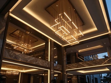 Modern luxury hotel lobby interior with custom linear LED light installations and geometric architectural chandeliers, twilight, high contrast, warm amber glow