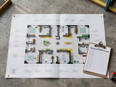 Wide overhead shot of a Dubai office floor plan laid flat on a concrete surface, annotated with handwritten inventory notations and colored zone markers, a clipboard with a printed move schedule beside it, overhead warehouse lighting, no people visible — only the planning documents and a measuring tape at the edge of frame