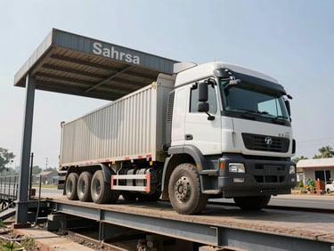 Low-angle wide shot of a heavy-duty multi-axle commercial truck positioned on a massive steel weighbridge platform under bright direct midday sunlight, showing the physical station structure in Saharsa with absolute transparency.