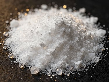Macro shot of pure white crystalline creatine monohydrate powder, catching sharp studio light, with subtle metallic gold reflections, on a deep black background.