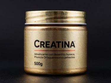 Envase premium de 500g de creatina, con reflejos metálicos, sobre fondo oscuro.