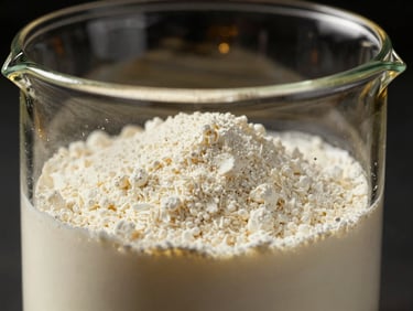 Close-up of a glass beaker with white whey protein isolate powder, laboratory setting, dark and gold tones
