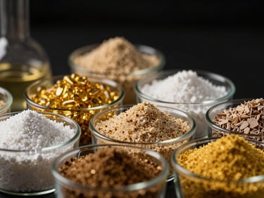 Close-up of various colored amino acid powders in laboratory glassware, sharp focus, gold reflections, dark background