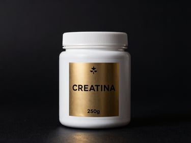 Bolsa resellable de 250g de creatina, con etiqueta minimalista dorada y blanca, sobre fondo oscuro.