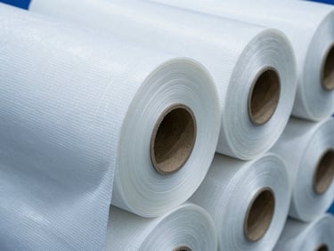 Rolls of heavy-duty white woven polypropylene fabric ready for shipping, clean industrial aesthetic, detailed texture