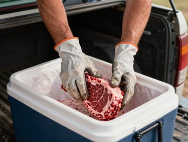 Close-up of a ranch worker's gloved hands setting a cut of beef into a paper-lined cooler on a tailgate, natural daylight, weathered truck bed visible, no staging or styling