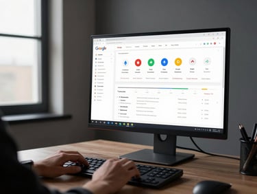 Wide shot of a professional desk setup, a monitor displaying a clean Google Ads dashboard with conversion metrics clearly visible, cool office window light from the left, hands resting on keyboard in the foreground, dark neutral background