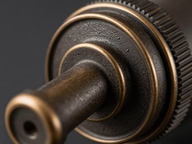 Extreme close-up of hand-patinated architectural hardware showing deep charcoal and bronze tones.
