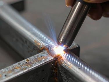 Macro close-up of a clean TIG weld on a steel frame, unground and showing precise bead pattern.