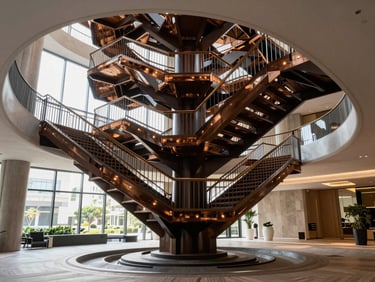 Wide architectural shot showing scale of a monumental floating steel staircase in a high-end residential space.