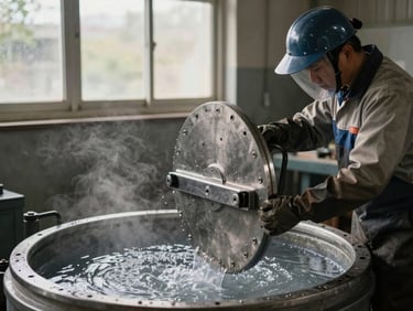 A craftsman in heavy protective gear carefully lowering a solid steel door pull into a steaming chemical bath, natural workshop light filtering through dirty windows.