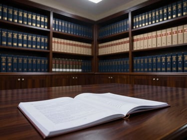Wide environmental shot inside a Vietnamese law office conference room, deep navy walls lined with rows of Vietnamese legal code volumes, a single open case file spread across a dark wood table under directional overhead lighting, no people visible, the physical weight of legal authority in the room