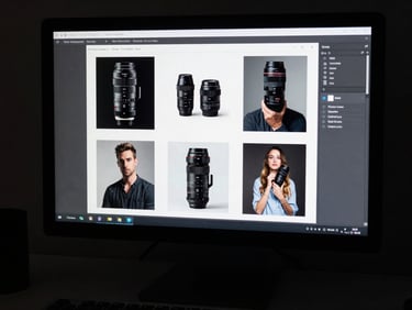 Raw workspace shot of a designer reviewing ad creative variations on a monitor, moody overhead lighting, gritty editorial style, 35mm lens.