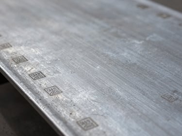Close-up of industrial heavy-gauge carbon steel plate, raw metal texture with mill stamps and certification markings, sharp lighting