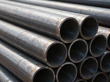Heavy-duty seamless carbon steel pipes stacked horizontally, highlighting the thick walls and hollow center, industrial lighting