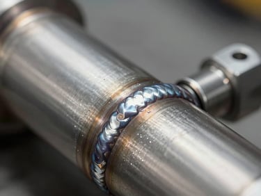 Macro shot of a clean weld seam on a polished stainless steel pipe, cold reflective metallic surface, precise industrial finish