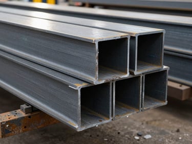 Structural carbon steel H-beams and I-beams arranged neatly, showing clean geometric profiles under harsh overhead industrial light