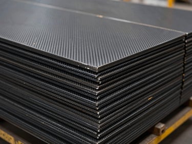 Stack of clean black carbon steel plates with sharp edges, industrial warehouse background, high-contrast lighting