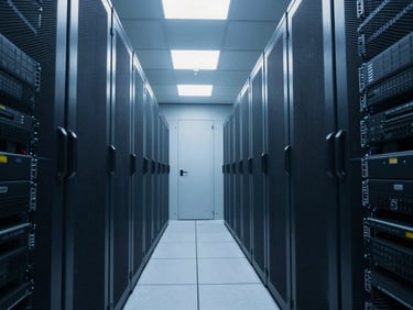 Crisp architectural interior of a pristine data center server room, cool blue lighting, clean server racks extending into the distance.
