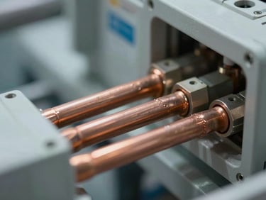 Tight macro shot of flawless industrial HVAC electrical wiring and copper pipe alignments, cool crisp lighting, institutional engineering.