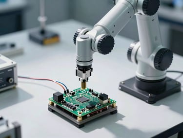 Overhead view of a robotics arm end-effector above a circuit board, wiring harness visible, clean white lab surface, harsh directional lighting casting sharp component shadows